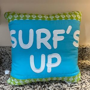 Surf’s Up Nautical Throw Pillow Teal blue Lime Green Embroidered NEW Beach C